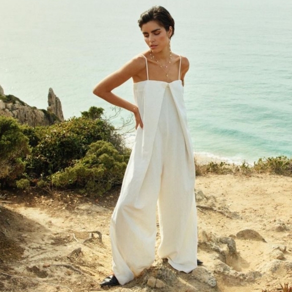 ZARA STRAPLESS LINEN BLEND JUMPSUIT WHITE - Picture 4 of 15